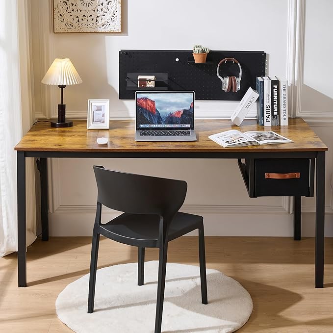 Computer Desk with Drawer, 63 Inch Large Home Office Work Desks, Modern Writing Study PC Desk Gaming Table for Bedroom Home, Stable Thick Metal Legs Frame Support （Rustic Brown）