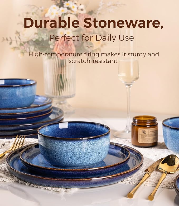 GBHOME Dinnerware Sets for 4, 12 Pieces Stoneware Plates and Bowls Sets, Scratch Resistant Ceramic Dishes, Dishwasher & Microwave Safe, Reactive Glaze-Sea Blue