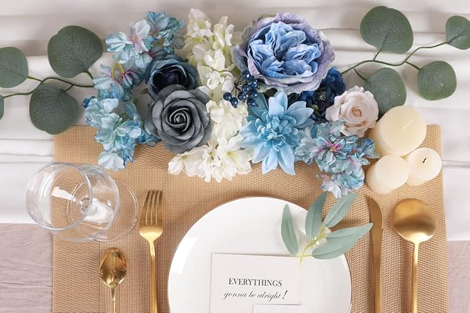 Floweroyal 2 Layers Artificial Flowers Combo Dusty Blue Flowers Mix Silk Flowers Dahlia Roses with Stems for Wedding Bridal Bouquets, Baby Shower, Floral Arrangement, Table Centerpieces