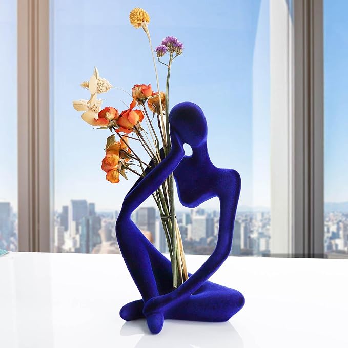 Dnoifne Abstract Thinker Statues and Sculptures, Resin Blue Flocked Thinker Statue Ornaments, Housewarming Gifts, Modern Figurines Decor for Living Room Dining Room Bathroom Office Desk