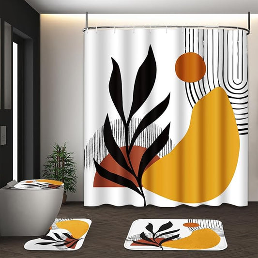 Boho Mid Century Shower Curtain Set with Toilet Lid Cover and Non-Slip Rugs, Botanical Wall Art 4 Pcs Shower Curtain, Minimalist Geometric Bathroom Set Decor with 12 Hooks