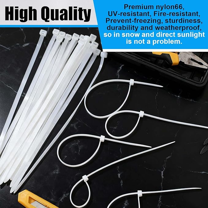 Reallnaive 500 Pcs 8 Inch Zip Ties Heavy Duty 120 Lbs Tensile Strength White Nylon Wire Cable Ties Bulk for Indoor Outdoor