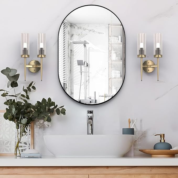 Oval Bathroom Mirror Capsule Wall Vanity Mirror, 24"x36" Pill Mirrors Wall Mounted Mirror, Large Modern Mirror with Black Metal Frame, Decor for Entryway, Bedroom, Living Room