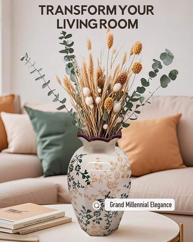 Vintage Ceramic Flower Vase Home Decor - Tabletop Rustic Tall Vase for Decor Living Room Bookshelf Office Kitchen Farmhouse Cottage, White Vases for Bouquet, Ruffled Rim | Grand Millennial | 9.1inch