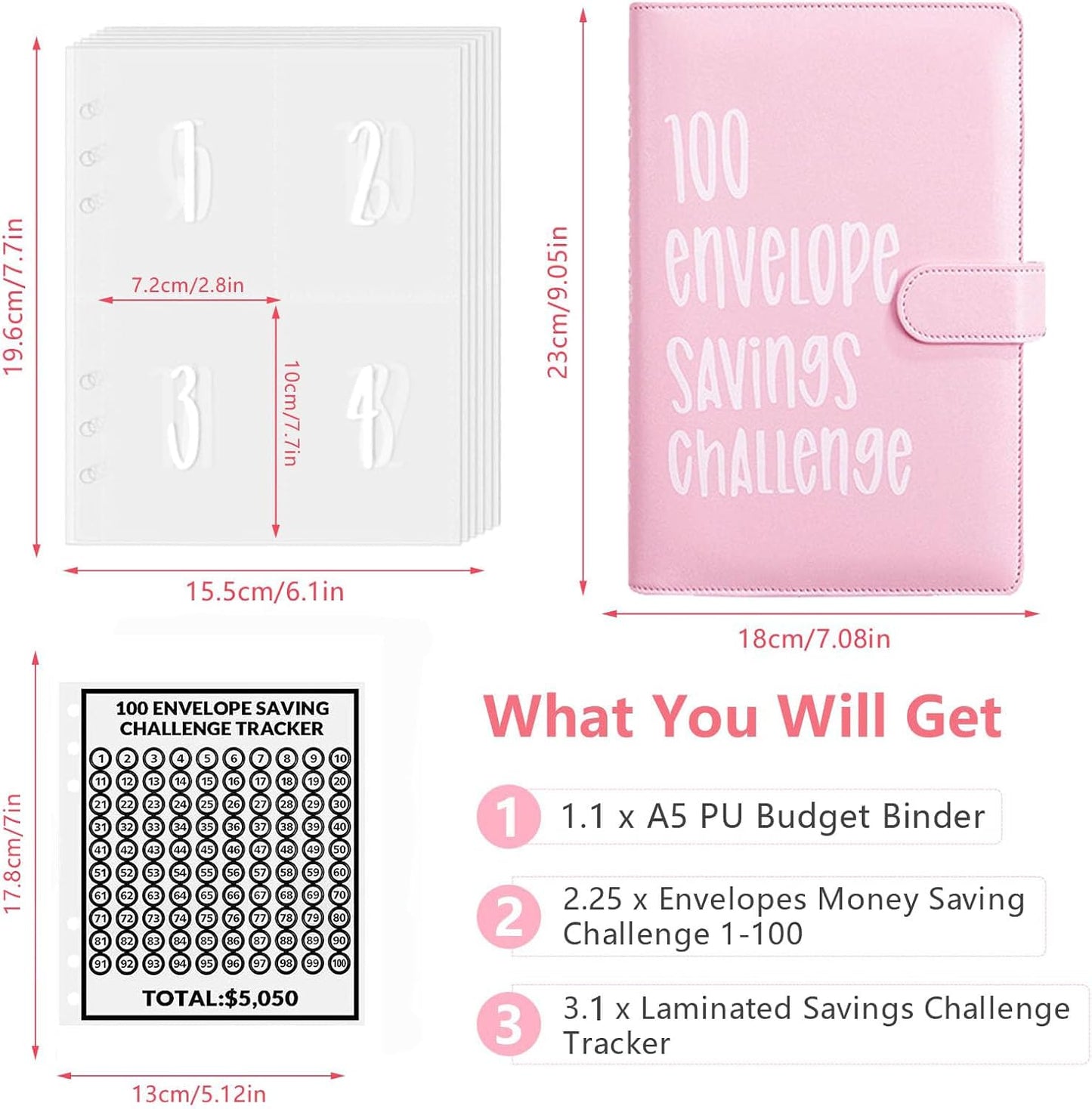 Skiennix Money Saving Binder | 100 Envelopes for Fun $5,050 Savings Challenge - Pink Classic