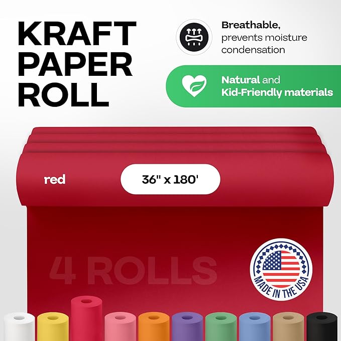 Christmas Red Kraft Paper Rolls 36" x 2160" (180 feet), Pack of 4 - USA-Made Craft Paper Roll 50lb Thickness for Art, Gift Wrapping & Moving - High-Density Roll for School by IDL Packaging