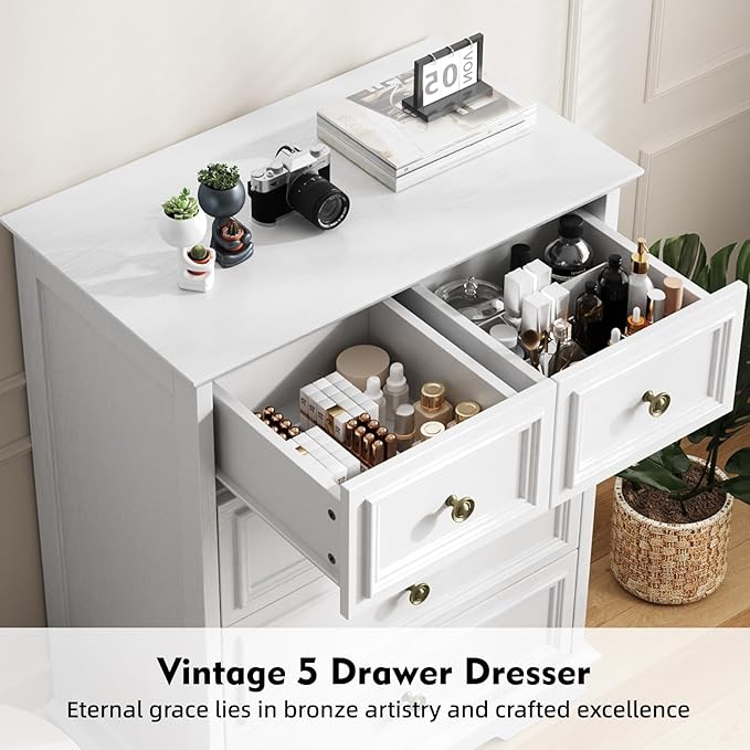 White 5 Drawer Dresser for Bedroom, Modern Chest of Drawers, Wooden Storage Dresser with Deep Drawers for Bedroom, Living Room, Entryway, Hallway