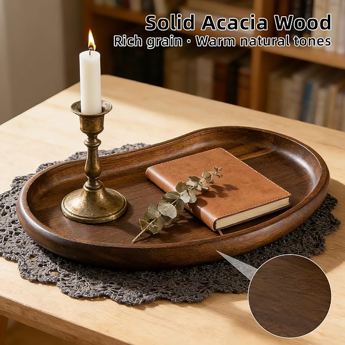 Acacia Wood Serving Tray – Premium Craftsmanship Decorative Tray Irregular Handmade Catchall Plate for Keys, Snacks, Coffee Table Décor & Entryway Organization-10.9 * 5.7 * 1.18 inches