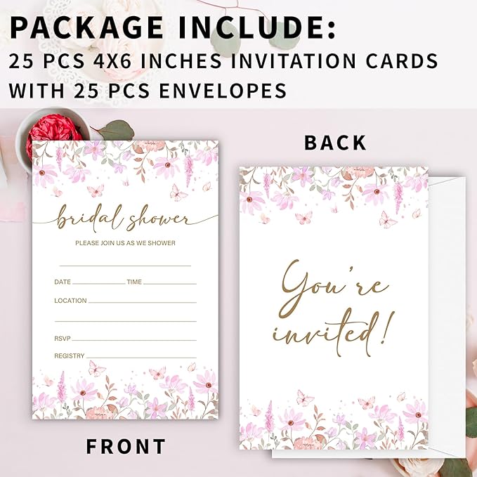 Pink Floral Bridal Shower Invitations, Spring Butterflies Invites with Envelopes, 4x6 Invite Card for Wedding Shower, Newlyweds, Party Favor & Decorations-A02
