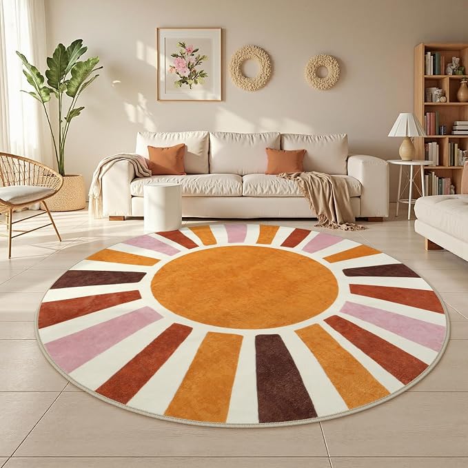 LIVEBOX Sun Round Rug 6ft Large Boho Rug for Living Room, Washable Soft Throw Kids Area Rugs for Classroom, Non-Slip Circle Nursery Rugs Round Carpet for Bedroom