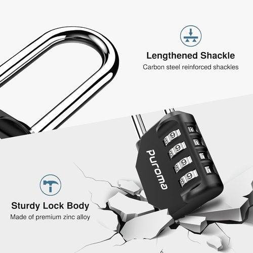 Puroma 4-Digit Waterproof Combination Padlock - 2 Pack of 2.6 Inch Long Shackles | Ideal for Lockers, Gates, and Toolboxes (Black)