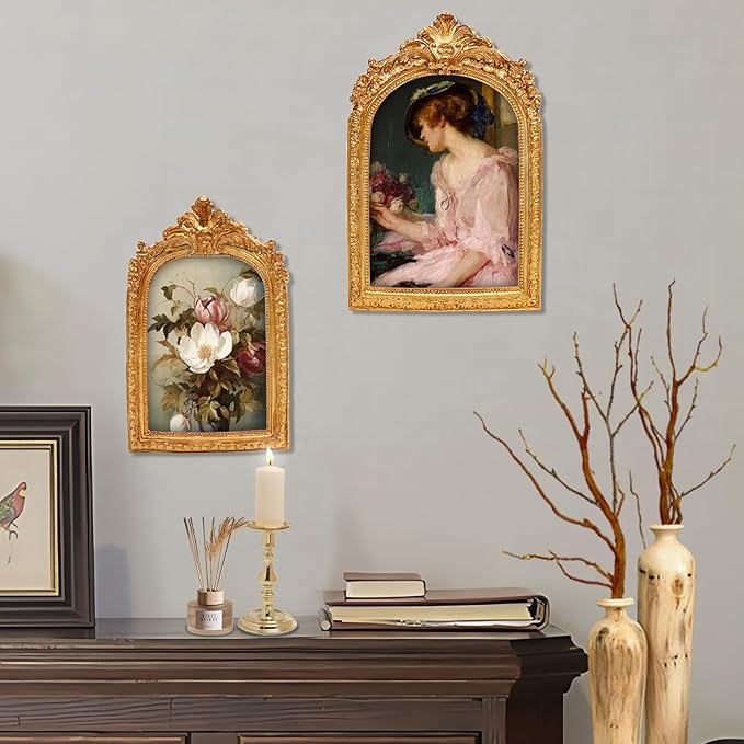 Vintage 4x6 Picture Frame, Gold Arch Resin Picture Frames Retro Handmade, Ornate Photo Frames with Glass Front for Wall Hanging or Tabletop Display, Antique Arched Photo Frame for Home Decor