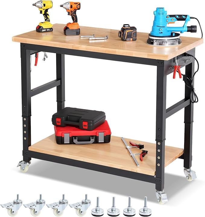 Workbench with Wheels 48 Inch Adjustable Height Work Table with Under Table Shelf, Pegboard, Power Outlets Work Bench for Garage, Home, Office, Workshop