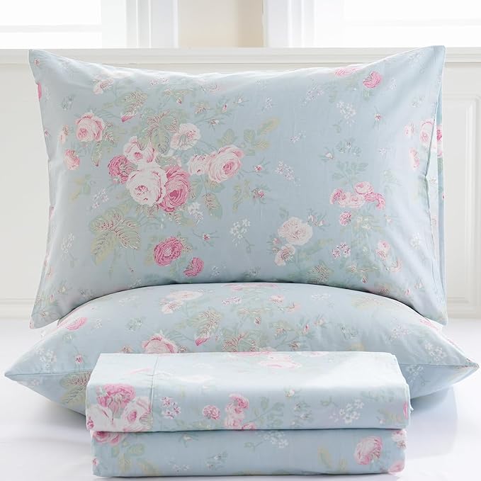 Zusbest Blue Floral Sheets Set King Size 100% Cotton Pink Flowers Bed Sheet Shabby Vintage Chic Bedding Romantic Pastoral Style Original Design Soft Luxury Deep Pocket Fitted Sheet 17.5'', 4 Pcs
