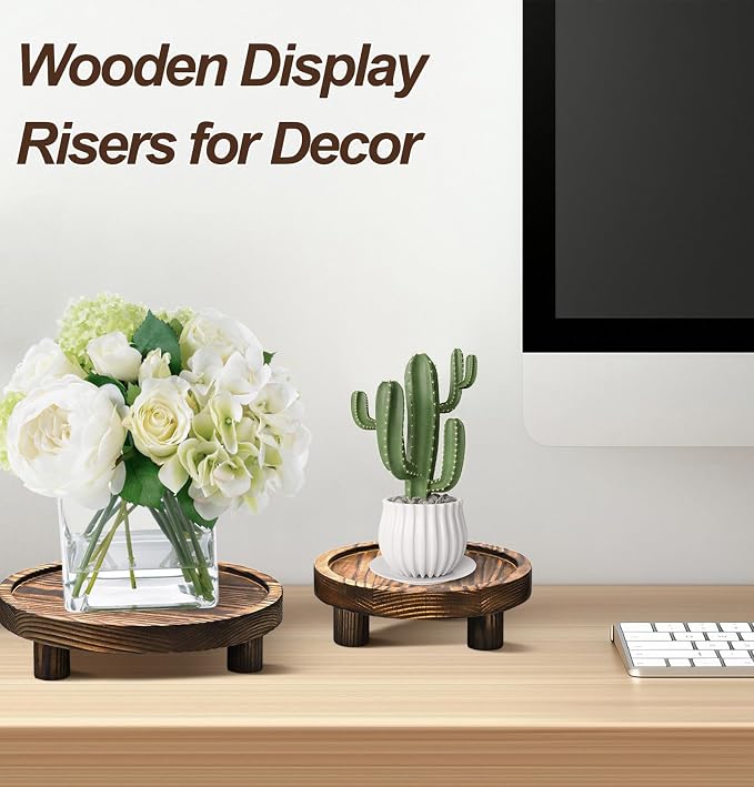3 PCS Wooden Flower Plant Stand Indoor For Home Living Room Decor, Wood Plant Display Tray For Outdoor Planter Gardening Essentials, Wooden Food or Drinks Holders Tray Indoor. (Rustic Brown)