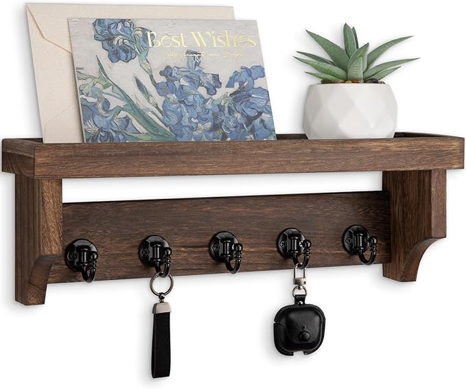 Lucundm Key and Mail Holder Wall Mount, Key Holder with Shelf and Mail Organizer Wall Mount. Mail Holder with 5 Hooks for Coat, Dog Leash, Home Decor Rack, Entry Way Organizer (Brown)