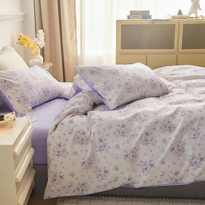 EAVD Cotton Duvet Cover King Size Floral Pattern Duvet Cover Set Chic Shabby Garden Purple Floral Bedding Set with 2 Pillowcases Vintage Style Botanical Comforter Cover with Zipper Closure