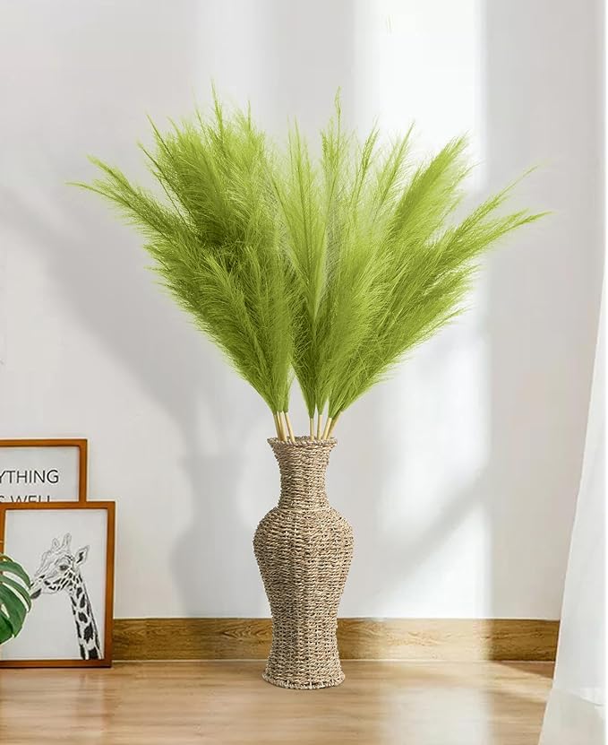 9 Pcs 45" Tall Pampas Grass Green Decor, Long Stem Artificial Flower Floor Vase Large Faux Floral Pompas Fake Plants Dried Bouquet Arrangement Vase Filler for Boho Home Wedding Decoration