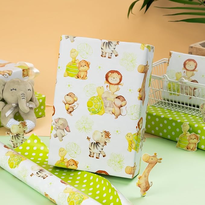 Homeral Baby Shower Jumbo Wrapping Paper Roll - Neutral Cute Safari Animals & Polka Dot Pattern, Reversible Green Newborn Gift Wrap for Baby Shower, 1st Birthday, Party - 30 Inch x 100 Feet