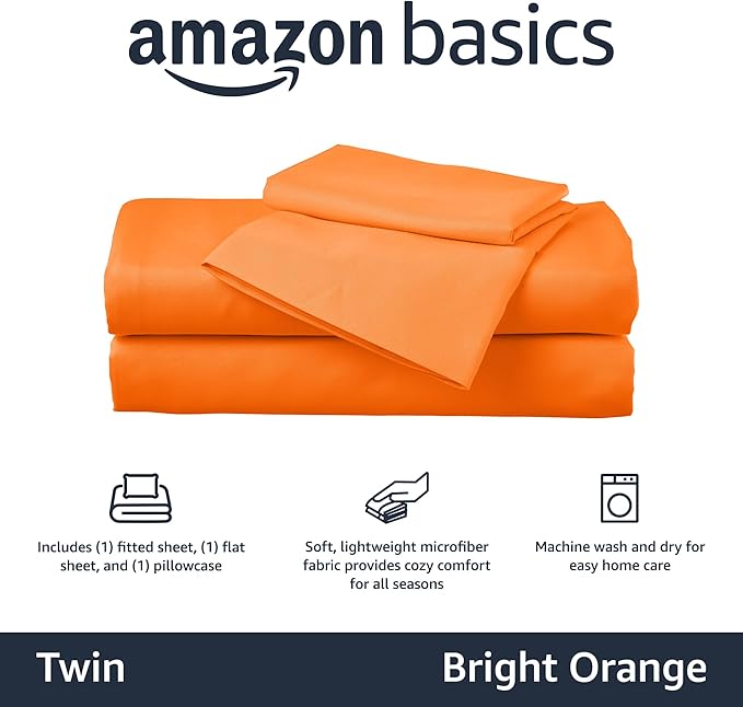 Amazon Basics Kid's Soft Easy-Wash Lightweight Microfiber 3-Piece Sheet Set, Twin, Bright Orange, Solid (Pack of 4)