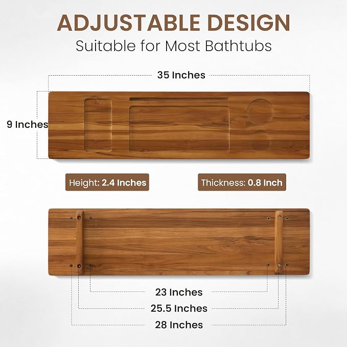 Teak Bathtub Tray - Wood Bath Caddy Tray 35" for Large Tubs - Adjustable Bathtub Table Trays - Luxury Shower Organizer for Home Spa Relaxation and Reading - Light Walnut Color