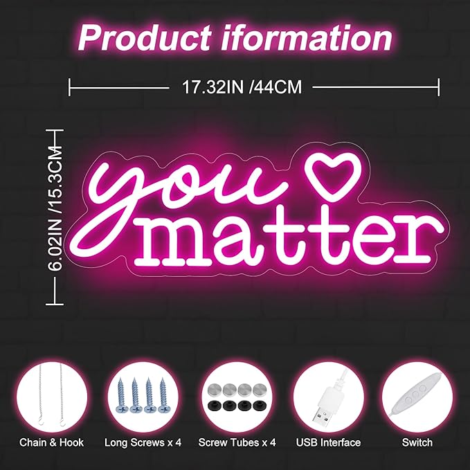 You Matter Neon Sign for Wall Decor, Positive Affirmation Art, Classroom Office Decor, Gift for Teacher, Encouraging Light, Pink Led Light for Bedroom, Club, Gifts For Birthday, Christmas Party Girls Gift