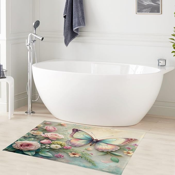 LB Spring Floral Bath Mat for Bathroom- Pink Rose Flower Aesthetic Butterfly Non Slip Doormat- Rustic Green Leaf Absorbent Memory Foam Living Room Bedroom Door Front Floor Area Rugs,31.5x19.6 Inch