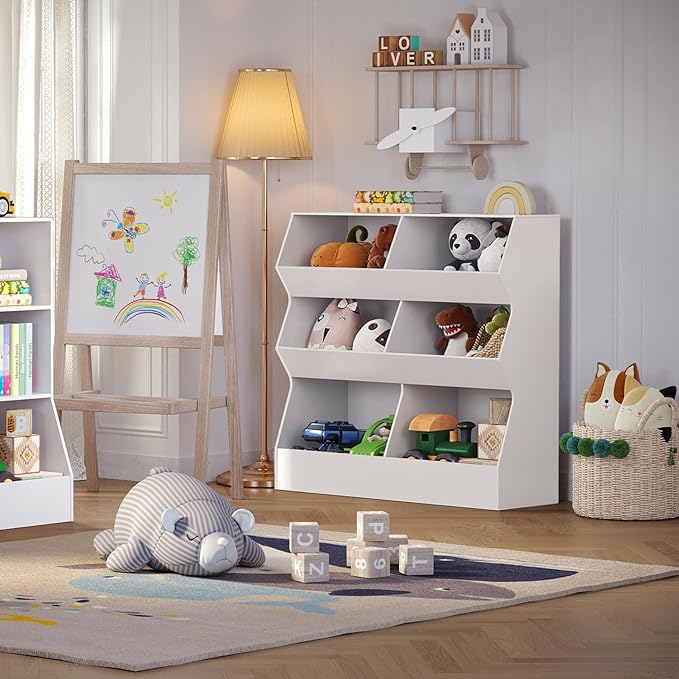 DINZI LVJ Toy Storage Organizer, Kids Bookshelf, Wooden Toy Storage Cabinet, 6 Cubby Children Bookcase, 39.4" L Toddler Book Shelf for Playroom, Living Room, Nursery, Hallway, School, White