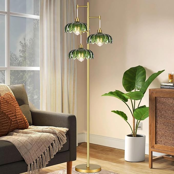 QIYIZM Glass Floor Lamp for Living Room,Bedroom,Mid Century Modern Standing Lamp Brass Tree 3 Light Tall Floor Lamps Vintage Retro Floor Lights Gold Green Flower Lamp Shade Farmhouse Boho Bohemian