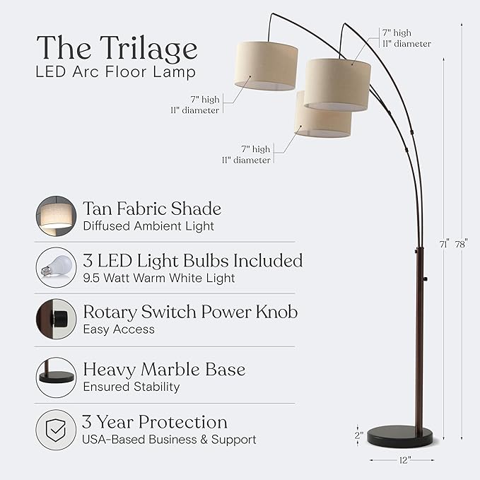 Brightech Trilage Arc Floor Lamp - Large Standing Lamp with 3 Fabric Shades & LED Bulbs for Living Room Over the Sofa, Reading, Multi-Head Traditional Tree Floor Lamp for Bedroom - Oil Rubbed Bronze