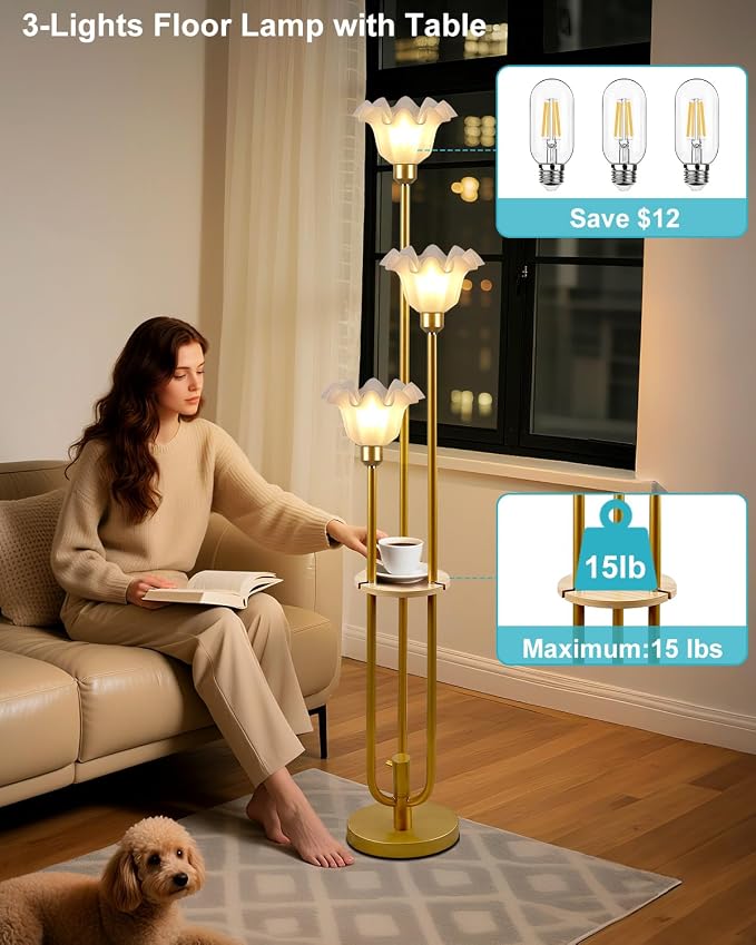 Vintage Flower Floor Lamp for Living Room, Mid Century Modern Floor Lamp Dimmable with Shelf & LED Bulbs, 3 Light 3000K Warmwhite Gold Tall Standing Lamp for Bedroom Girls Room Home Decor