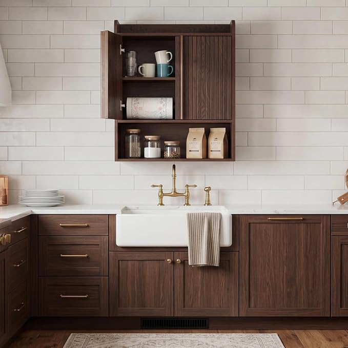 VANIRROR Fluted Wall Cabinet 33" H, Mid-Century Modern Dark Wood Bathroom Cabinet Over Toilet, Medicine Cabinet Storage with Doors & Open Shelf for Kitchen, Laundry Room and Entryway