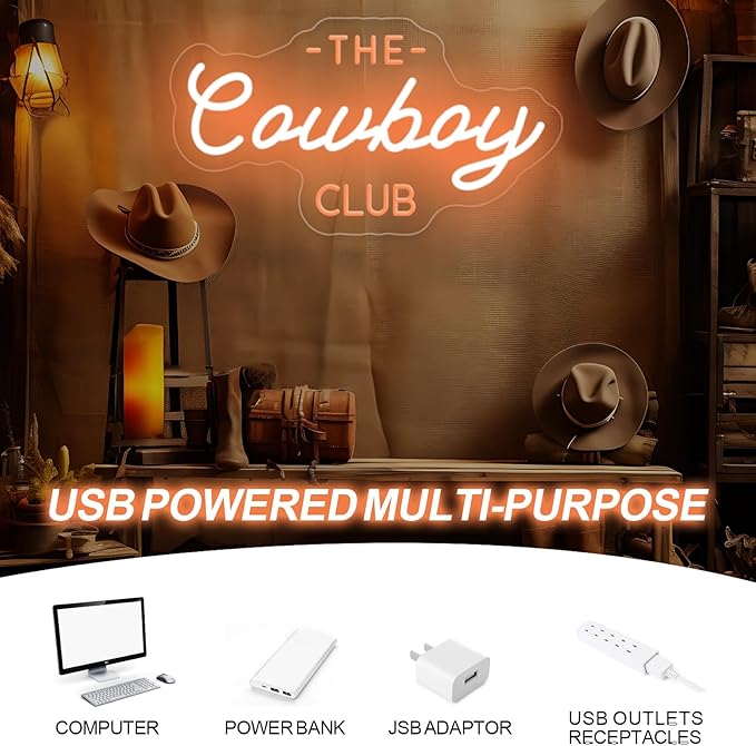 The cowboy club neon sign,Western Rodeo decor,mancave neon Light,Cowboy led wall neon sign,Cowboy room decor, Midwest Princess Led Signs For Bedroom Wall Girl Cave Club Bar Pub Gift-Gold-16.54"x9.45"