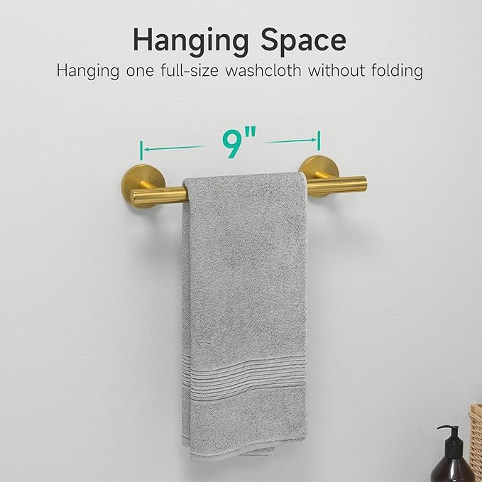 USHOWER Brushed Gold Hand Towel Bar, 9-Inch Towel Racks for Bathroom Wall-Mounted, SUS304 Stainless Steel Towel Rod (Total Length 11-Inch)