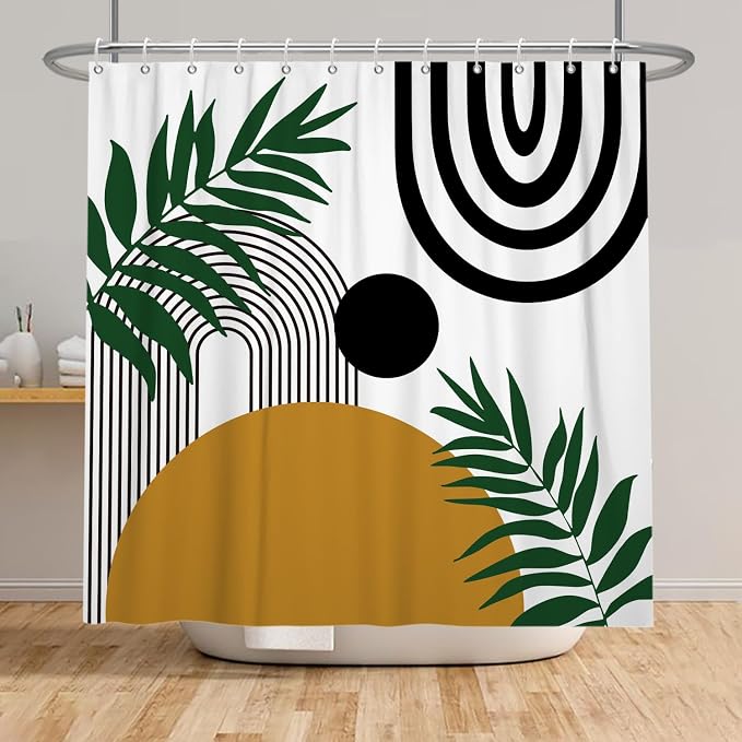 Boho Mid Century Shower Curtain Bohemian Abstract Modern Sun Bathroom Curtain Geometric Arch Curve Leaves Polyester Shower Curtain Sets for Bathroom Extra Long 72x72 in with 12 Hooks