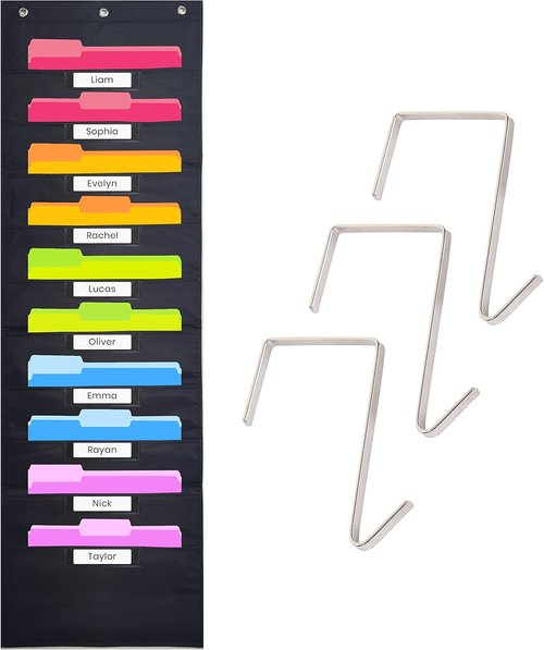 Black Pocket Chart for Classroom | 10 Pocket Storage Organizer with 3 Over Door Hangers