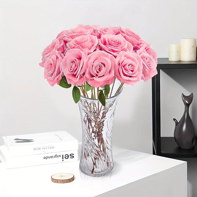 20PCS Artificial Roses with Long Stems - Realistic Silk Flowers, Fake Roses Real Touch Bouquet of Roses for Home Decor, Bridal Wedding Party Table Centerpieces, Bulk Faux Rose Flowers (Pink)