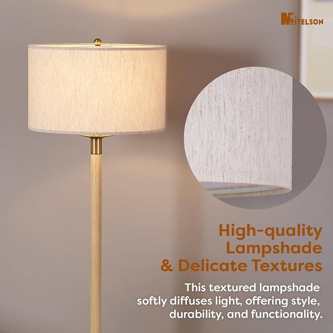 Floor Lamp, Modern Lamp with Dimmer Switch and Bulb, Mid Century Lamp with Linen Shade, Great Living Room Décor, Tall Lamp, Standing Lamp for Bedroom and Office, Natural Wood