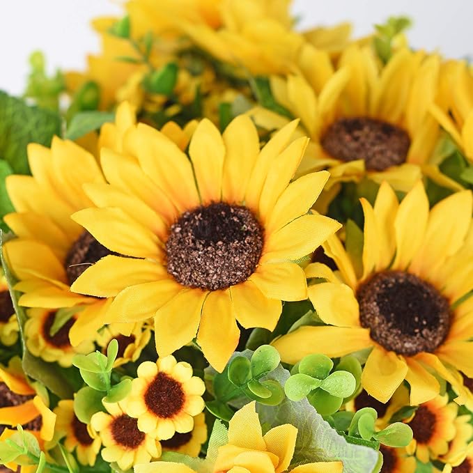 Lvydec Artificial Sunflower Bouquet, 2 Bunches Silk Sunflowers Fake Yellow Flowers for Home Decoration Wedding Decor (2 Pack)