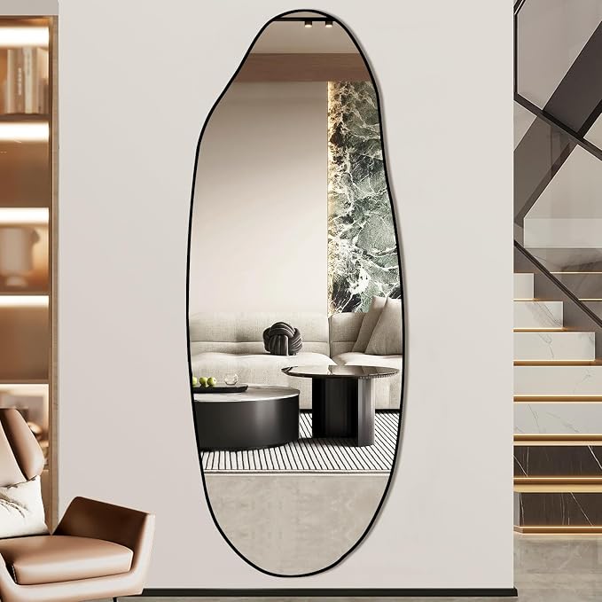 Mirrorons Irregular Wall Mirror 63×24, Black Asymmetrical Bathroom Mirror, Oval Aesthetic Mirror, Full Length Mirrors, Shatterproof Black Bathroom Mirrors