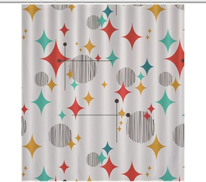 Mid Century Modern Shower Curtain,Atomic Starburst Geometric Diamond Pattern Shower Curtains Set for Bathroom Fabric Decorative Bath Curtain Washable Curtain Hooks, 72x72 inch