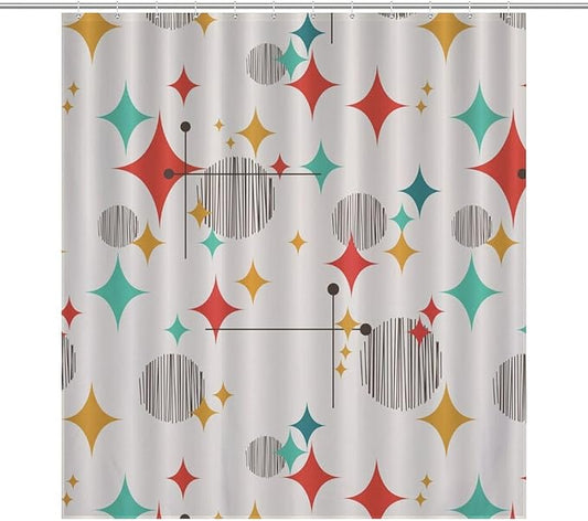 Mid Century Modern Shower Curtain,Atomic Starburst Geometric Diamond Pattern Shower Curtains Set for Bathroom Fabric Decorative Bath Curtain Washable Curtain Hooks, 72x72 inch