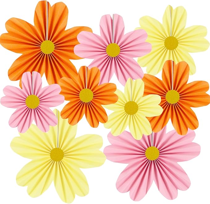 YUNXUAN Pink and Orange Party Decorations Paper Fan Paper Flowers Decorations for Wall Floral Backdrop Classroom Baby Shower Birthday Flower Wall Decor Pack of 9 Pink Orange