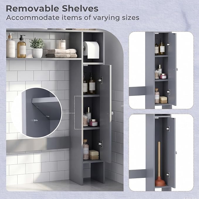 Tangkula Over the Toilet Storage Cabinet, Bathroom Organizer with Toilet Paper Holder, Adjustable Shelves, Freestanding Behind Toilet Stand, Perfect for Bathroom, Laundry (Gray)
