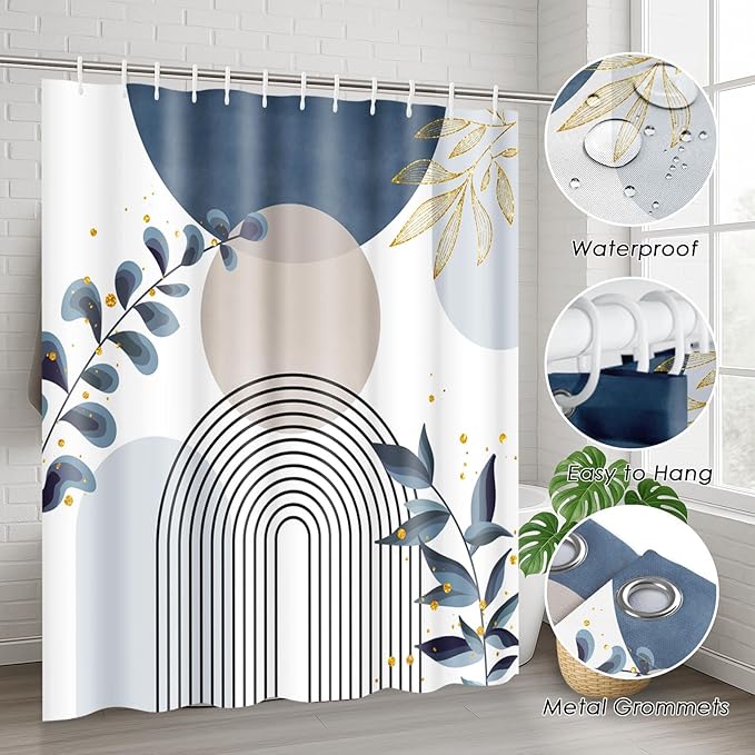 Boho Blue Mid Century Shower Curtain Set with Toilet Lid Cover and Non-Slip Rugs, Abstract Bohemian Gold Leaves Plant 4 Pcs Modern Minimalist Shower Curtain for Bathroom Set with 12 Hooks