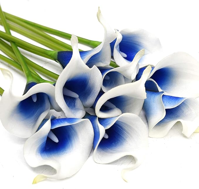 FiveSeasonStuff Real Touch Calla Lily Artificial Flowers Wedding Bridal Bouquet | Floral Arrangements | 15 Calla Lilies (Silk White & Abyss Blue)