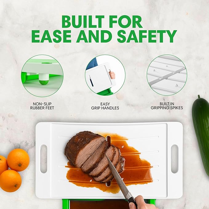 XL Meal Prep System Cutting Board - Large Cutting Board with Juice Groove, Spikes, Drip Tray & Removable Surface - Carving Board - BBQ Essential & Kitchen Gifts - BPA Free Cutting Board - Green