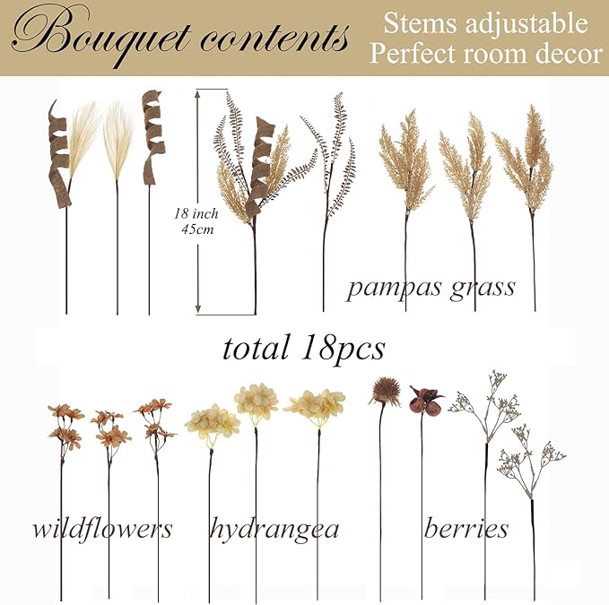 18Pcs Boho Faux Fall Dried Pampas Grass Silk Hydrangea Flowers Bouquets Fall Decor, Fake Autumn Thanksgiving Harvest Stems Fall Picks Branches Floral Arrangements for Vase 18"