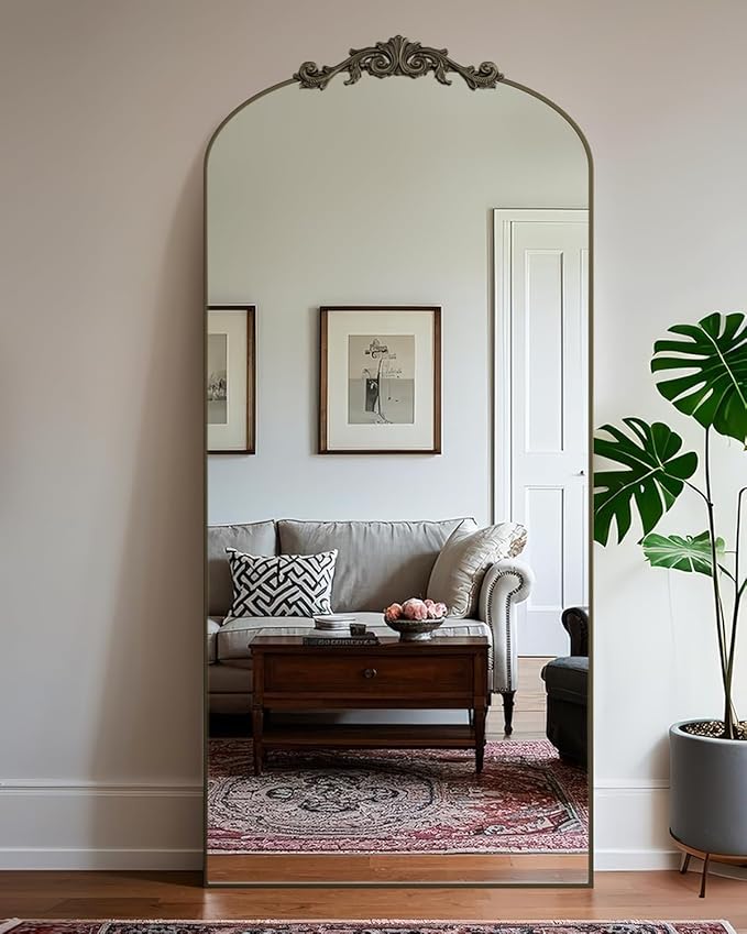 Antok Arched Full Length Mirror, 76"x34" Floor Mirror with Carved, Full Body Mirrors for HomeDecor, Standing/Halling Large Wall Mirror for Bedroom, Living Room, Cloakroom, Bronze, Retro Style