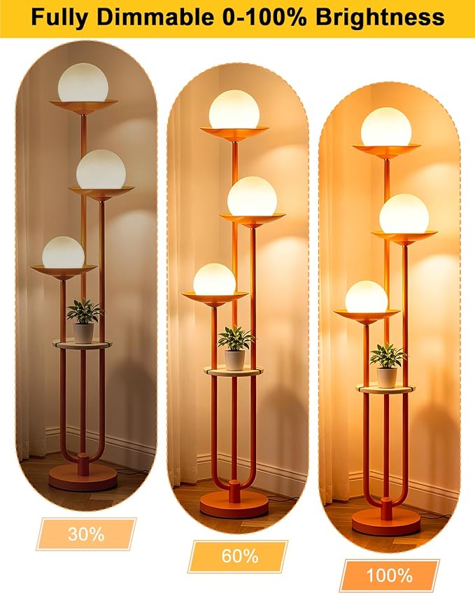 63IN Globe Floor Lamp with Shelf 3-Lights Modern Dimmable Orange Floor Lamps with 3000K Soft Warm White Bulbs for Wedding/Party, Tall Standing Lamp with 5Lbs Heavy Base for Living Room/Bedroom